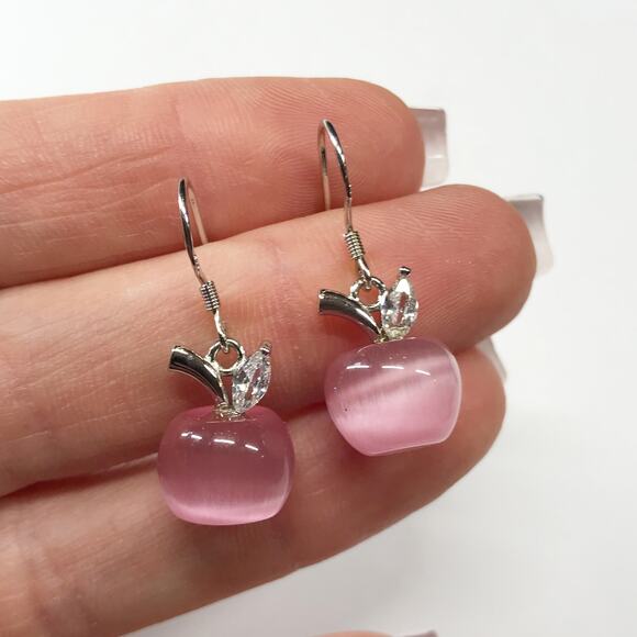 Cute 925 Sterling Silver Pink Cats Eye Apple Drop Dangle Earrings Teacher Gift - Picture 4 of 10